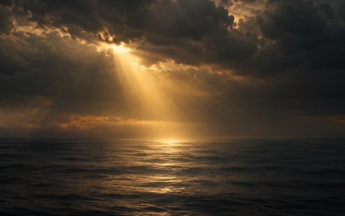 A beam of golden light breaking through dark clouds over the sea