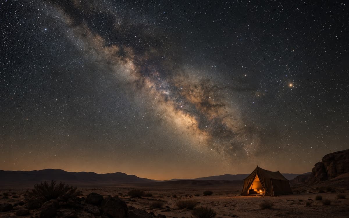 Una tienda abierta en el desierto bajo un cielo lleno de estrellas