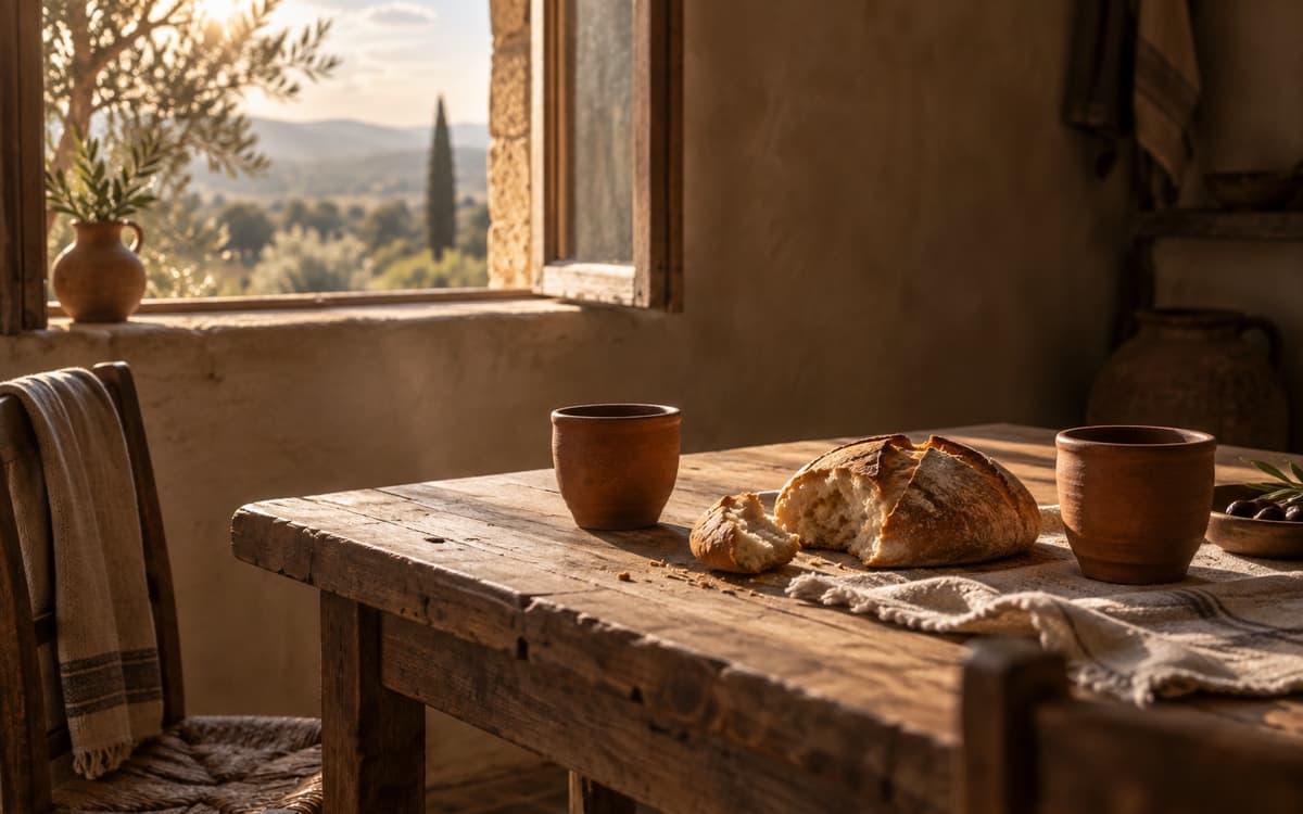 A simple table with bread and two clay cups in morning light