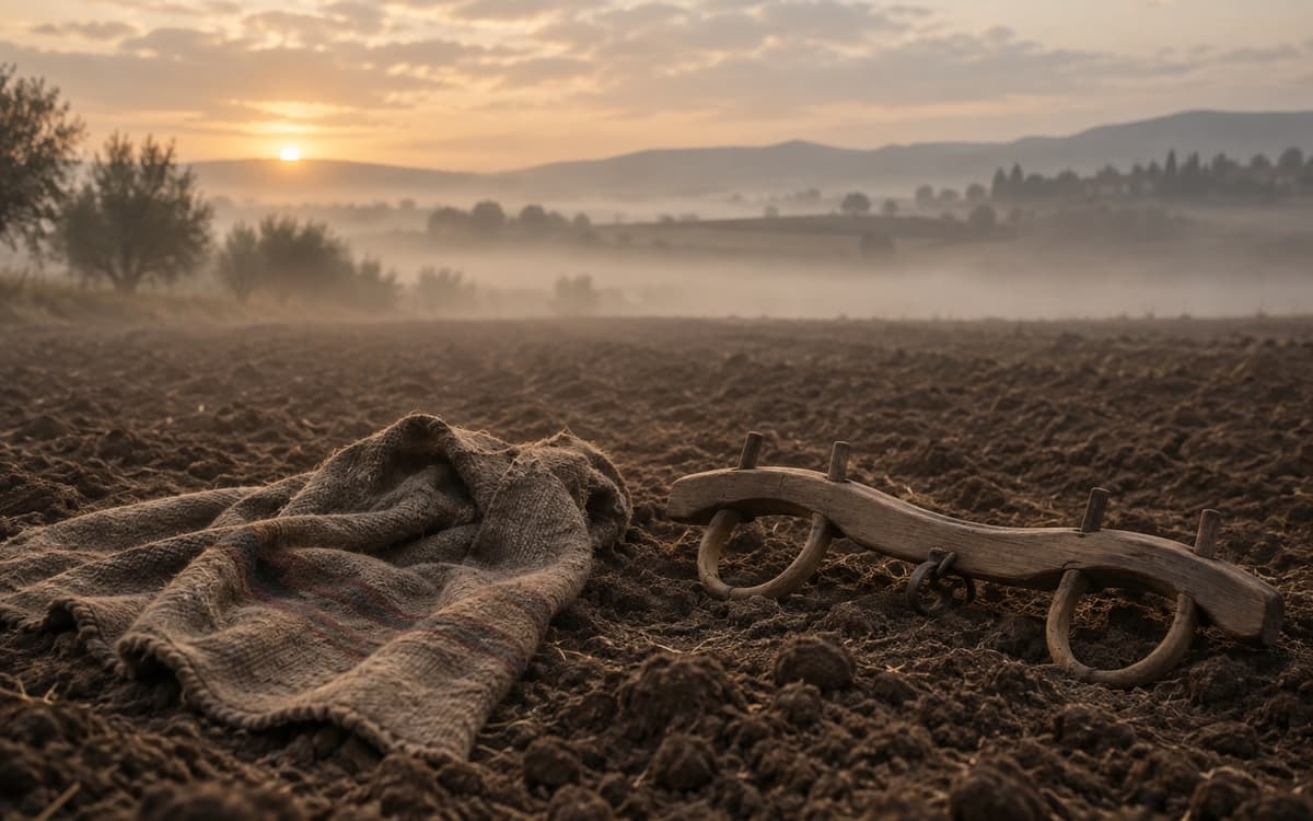 A woolen mantle on a plowed field, with a wooden yoke beside it