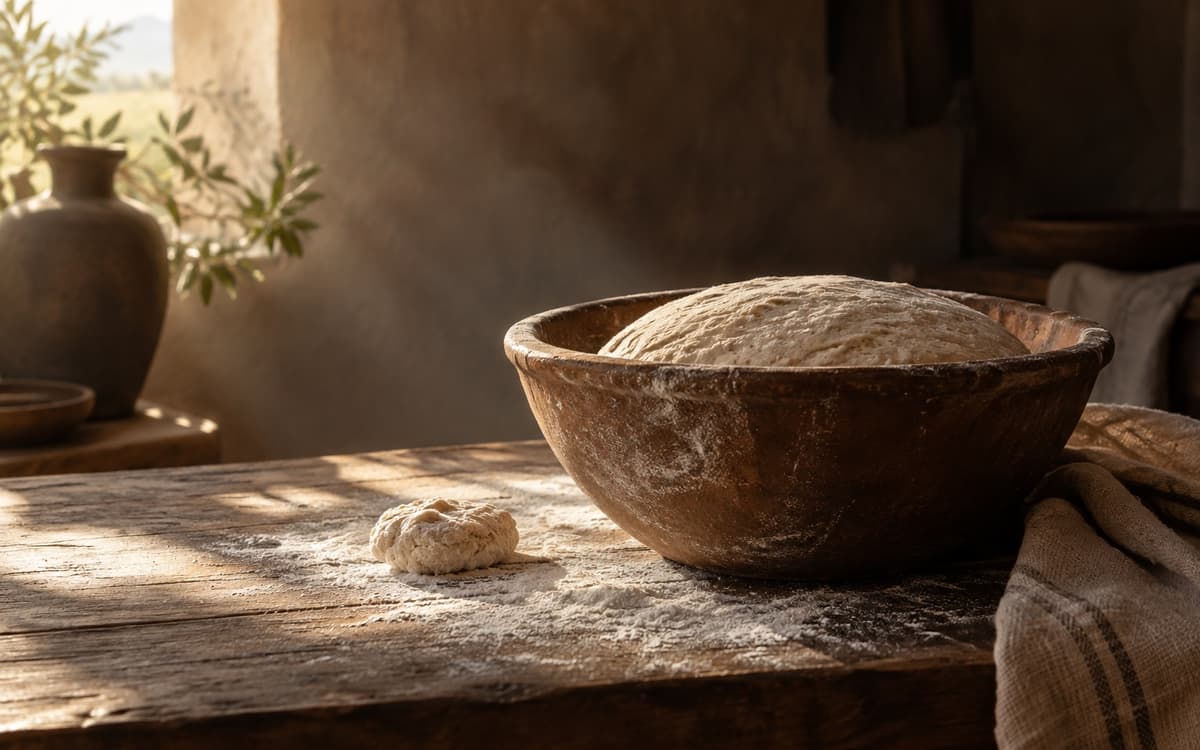 Bread dough rising in a clay bowl on a rustic table