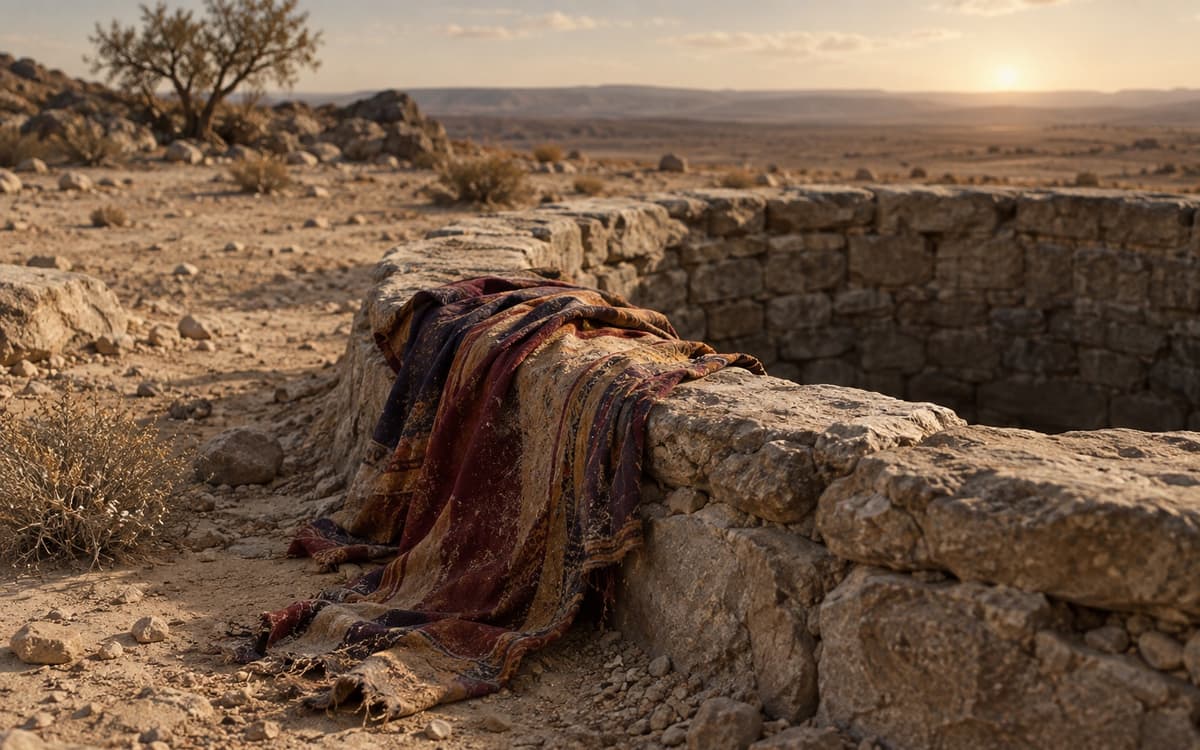 A torn colorful tunic at the edge of a dry desert cistern