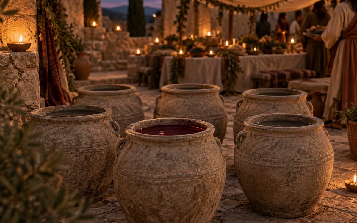 Stone jars at a wedding feast, one filled with wine