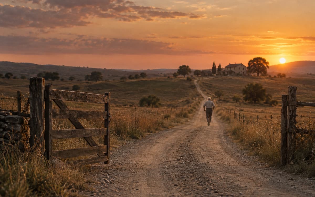 A dirt road to a farmhouse, with a father running in the distance