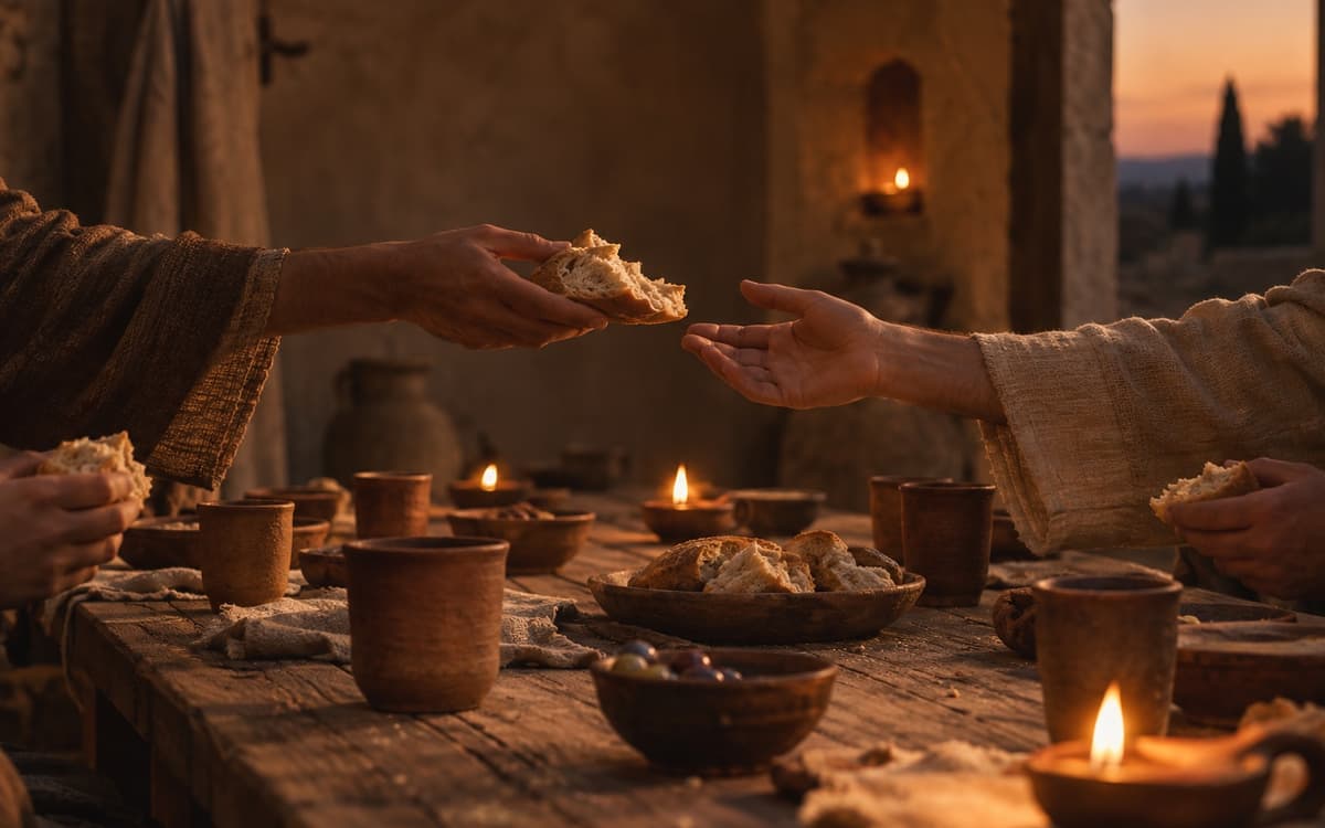 A long table with broken bread and oil lamps in an ancient house