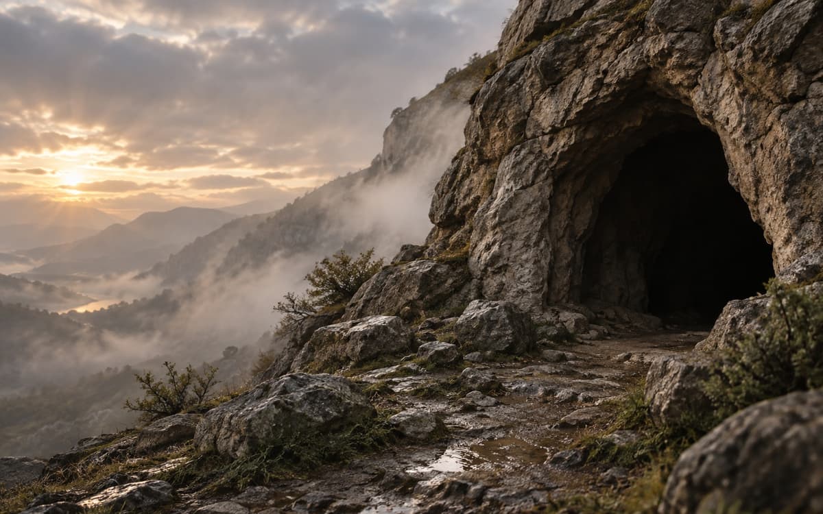 A mountain cave entrance with light mist after a storm