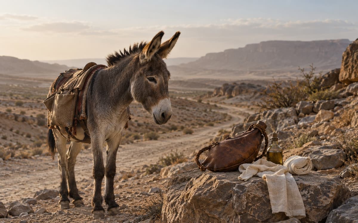 Un burro junto a un camino de piedras, con un odre y vendas