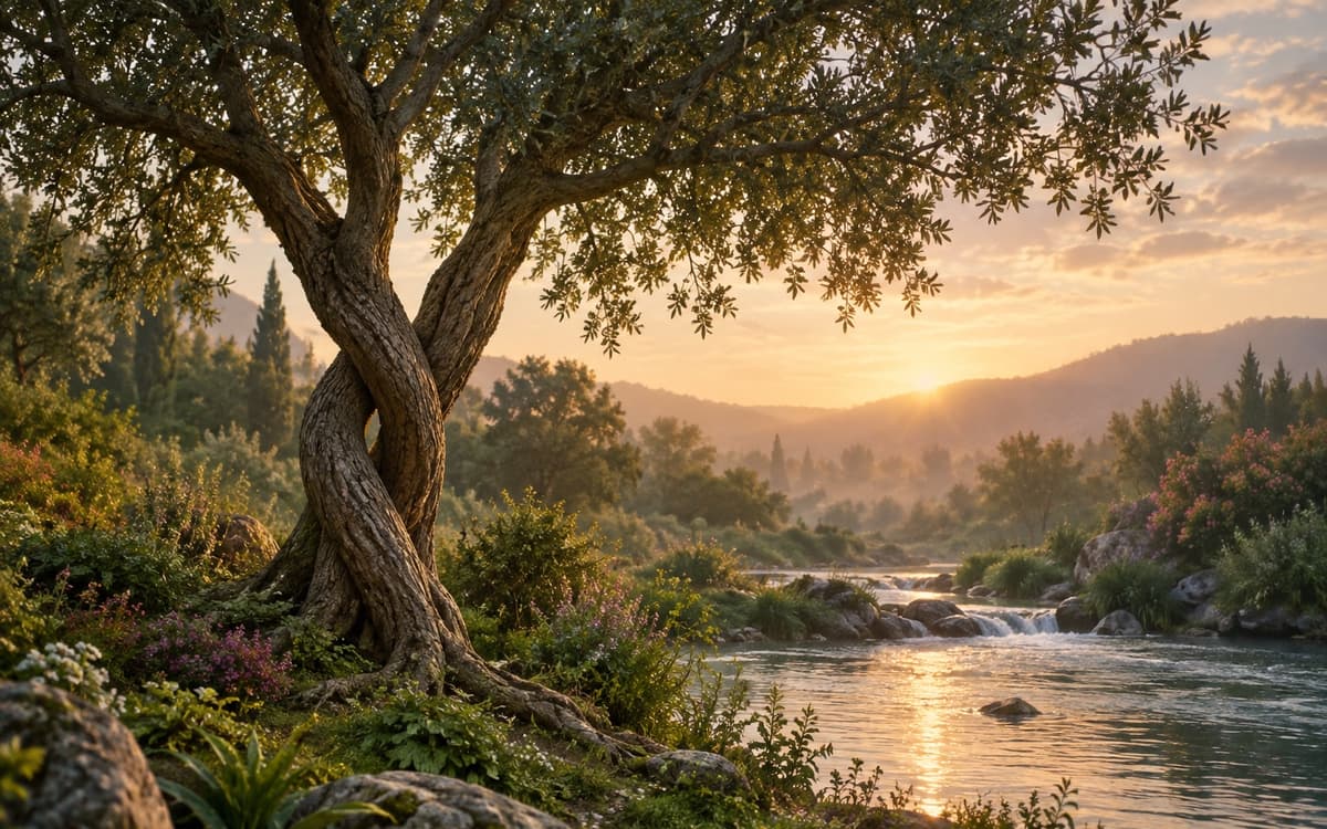 Duas árvores entrelaçadas num jardim ao amanhecer