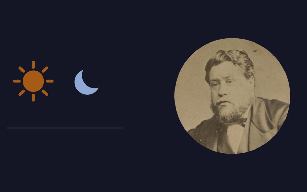 Retrato de Charles Spurgeon ao lado de um sol e uma lua, capa do devocional Manhã e Noite