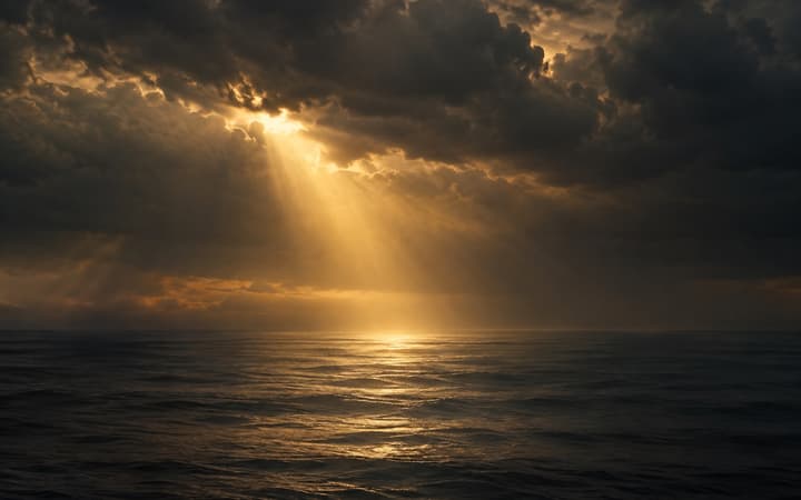 A beam of golden light breaking through dark clouds over the sea