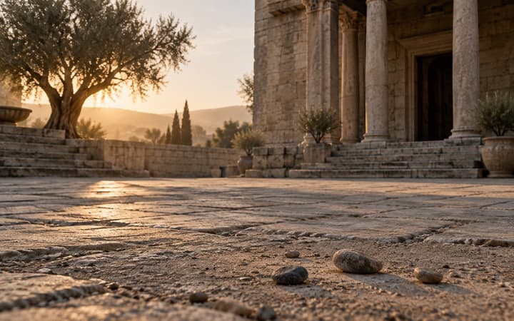 Stones dropped on the dusty ground of an ancient courtyard