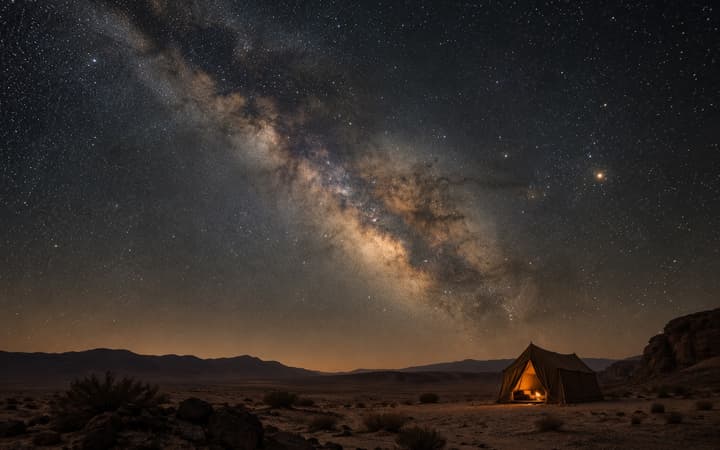 An open tent in the desert under a sky full of stars