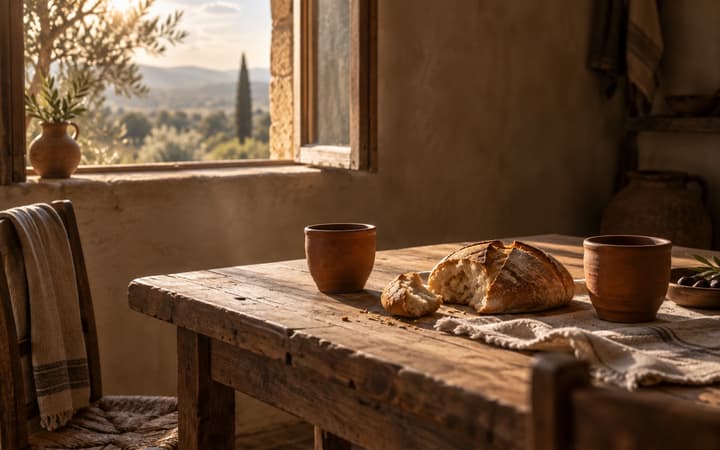 A simple table with bread and two clay cups in morning light