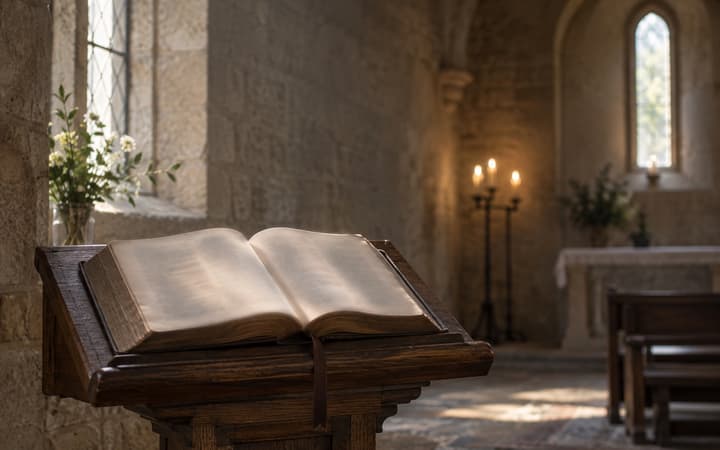 An open Bible on a wooden lectern in soft light