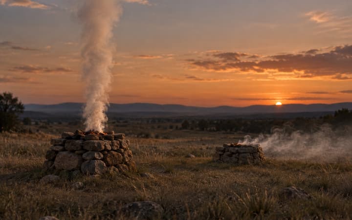 Two stone altars in a field, smoke rising from one of them
