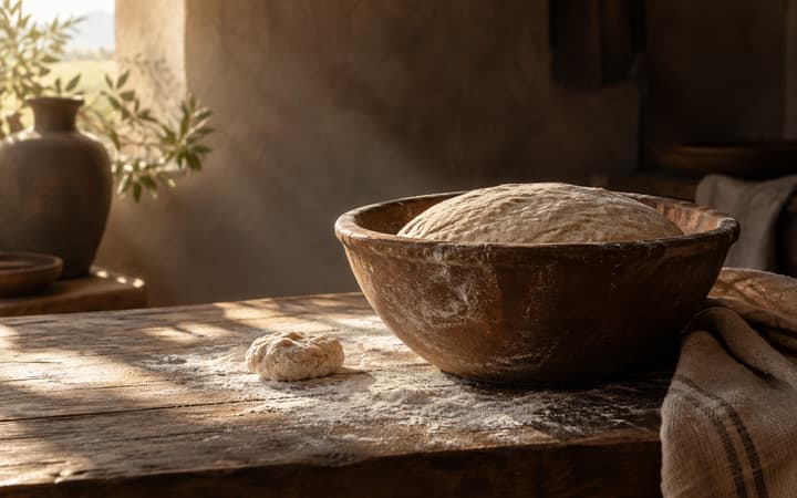 Bread dough rising in a clay bowl on a rustic table