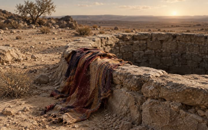 A torn colorful tunic at the edge of a dry desert cistern