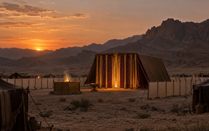 The tabernacle in the desert at dusk, glowing from within
