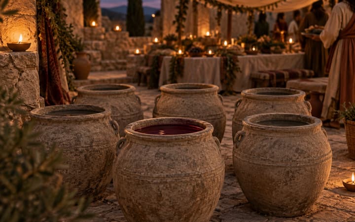 Stone jars at a wedding feast, one filled with wine
