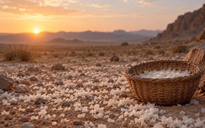 White manna covering the desert ground at sunrise, with a basket