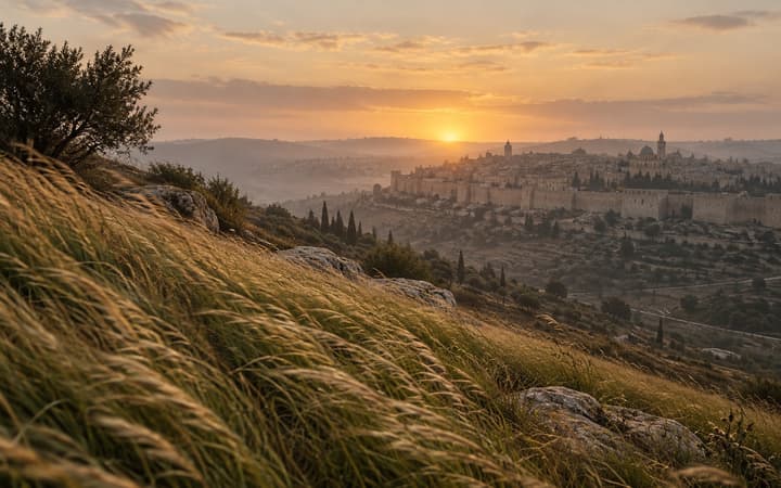 Strong wind over the grass of a hill facing an ancient city