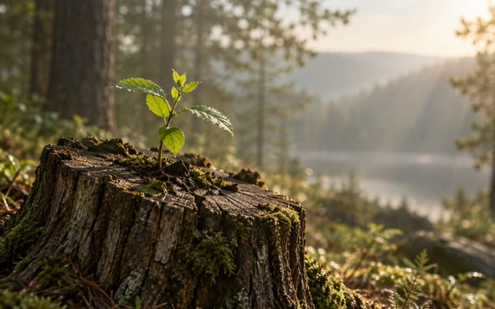 A cut tree stump with a green shoot sprouting