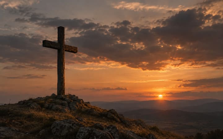 An empty wooden cross on a hill at dusk