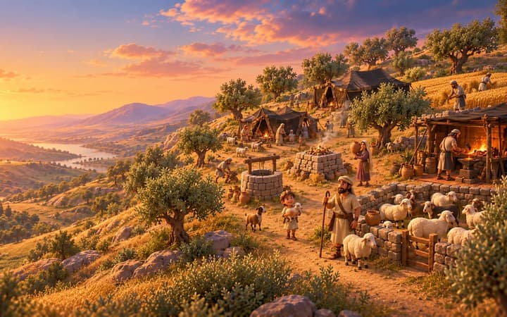 A Genesis village in the Bible game Age of the Bible, with tents, a well, a forge, a sheepfold and sheep at sunset