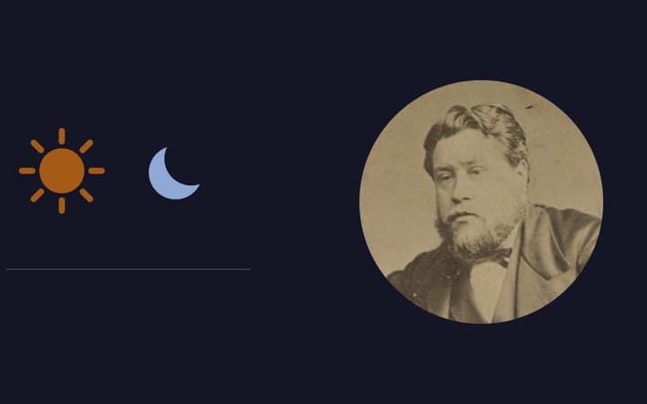 Retrato de Charles Spurgeon ao lado de um sol e uma lua, capa do devocional Manhã e Noite